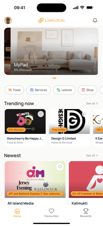 LinkLocal app showing a feed of local Jersey deals and discounts
