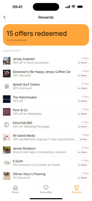 LinkLocal app rewards screen showing offers redeemed at local businesses