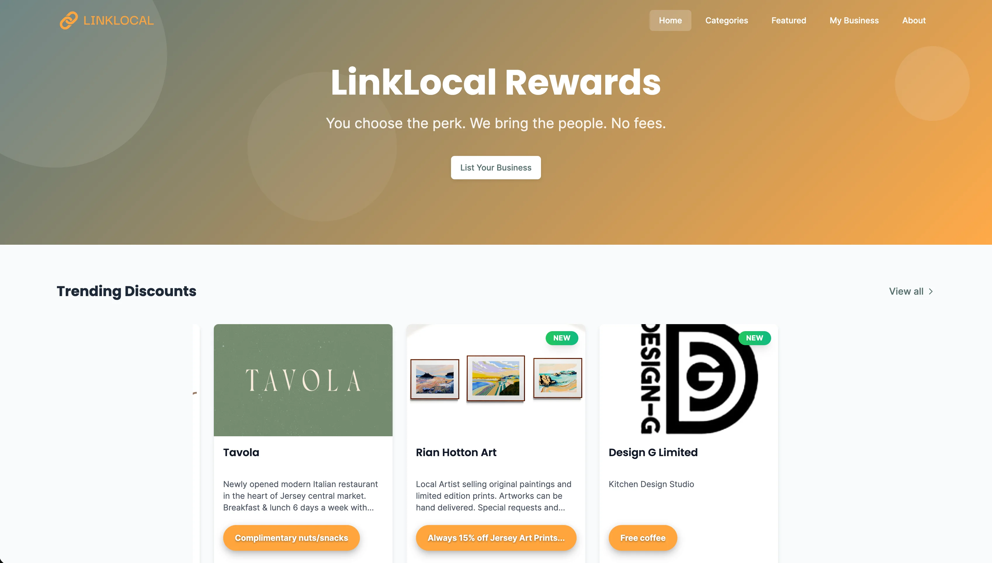 LinkLocal Rewards platform showing local Jersey businesses and trending discounts