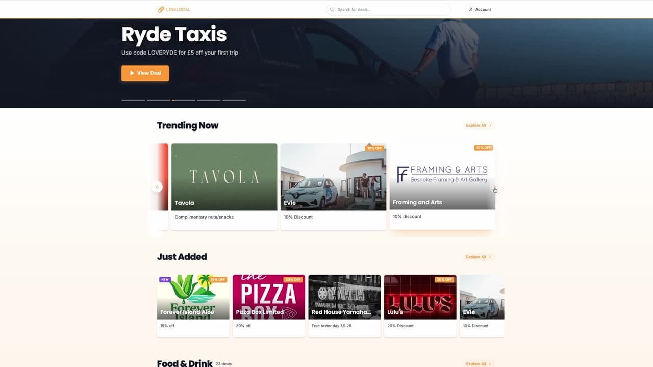 Silent walkthrough of the LinkLocal app, moving through local offers and a discount code