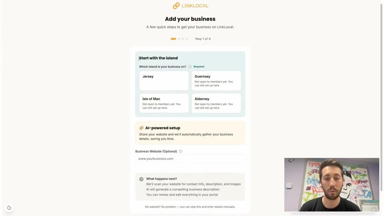 Walkthrough of the LinkLocal business portal: adding a business, setting an offer, and choosing how members redeem it